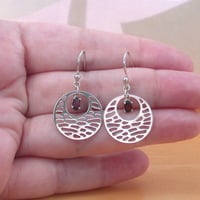 Sterling Silver Garnet Gemstone Boho Earrings/Garnet Earrings/Garnet Drop Earrings/Circle Dangly Earrings/Garnet Jewellery/Garnet Jewelry/UK - Thumbnail 1