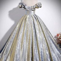 Gold Silver Glitter Satin Long Prom Dress, A-Line Off the Shoulder Evening Party Dress - Thumbnail 1