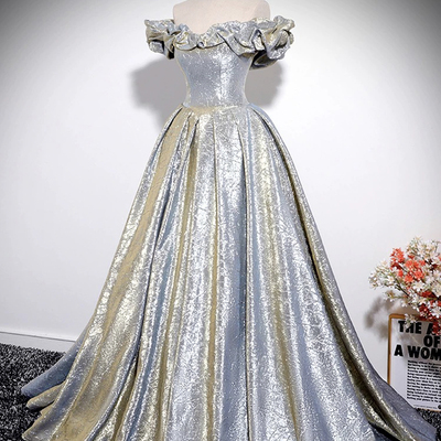 Gold silver glitter satin long prom dress, a-line off the shoulder evening party dress - Thumbnail 2