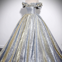 Gold Silver Glitter Satin Long Prom Dress, A-Line Off the Shoulder Evening Party Dress - Thumbnail 3