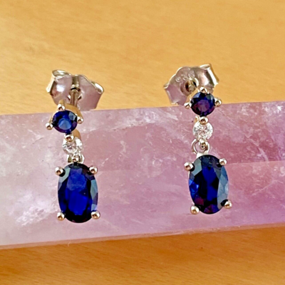 Sterling silver sapphire & cz stud earrings/sapphire earrings/sapphire studs/sapphire jewellery/sapphire jewelry/september birthstone/uk