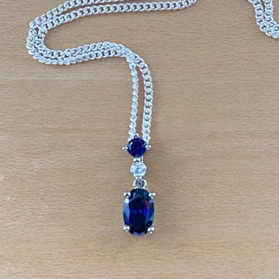 Sterling silver sapphire & cz pendant & chain/sapphire necklace/sapphire jewellery/sapphire jewelry/gemstone necklace/september birthstone/uk - Thumbnail 3