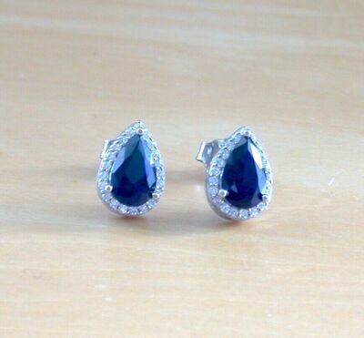 Sterling Silver Sapphire & Cz Stud Earrings/Sapphire Earrings/Sapphire Studs/Sapphire Jewellery/Sapphire Jewelry/September Birthstone/UK