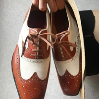 New Style Oxford Look Handmade Brown White Awesome Contrast Wingtip Shoes - Thumbnail 1