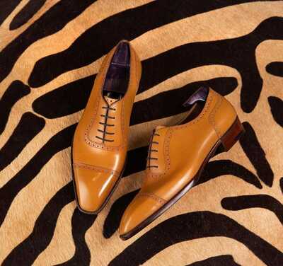 Hand Stitch Mustard Skin Cap Toe Oxfords Bespoke Formal Lace Up Shoes