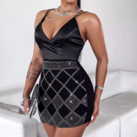 V-Neck Strap Hot Drilled Sleeveless Dress - Thumbnail 1