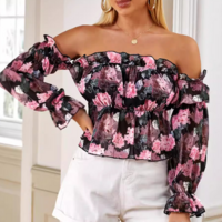 Long Sleeved Floral Print Off Shoulder Ruffle Edge Shirt - Thumbnail 1