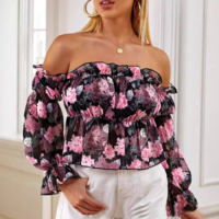 Long Sleeved Floral Print Off Shoulder Ruffle Edge Shirt - Thumbnail 2