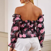 Long Sleeved Floral Print Off Shoulder Ruffle Edge Shirt - Thumbnail 3