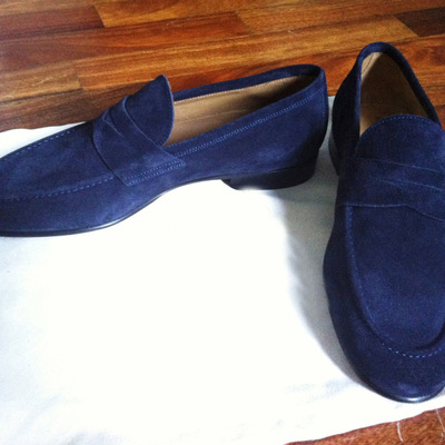 Navy blue penny loafers slips on moccasin dress handmade formal shoes - Thumbnail 3