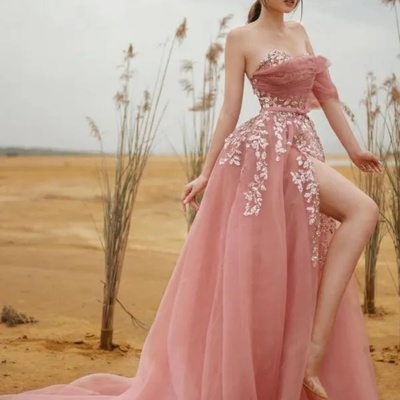 Sweetheart tulle appliques lace floor length prom dress