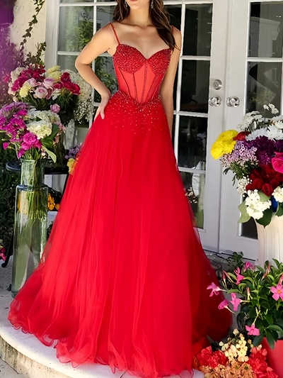 Backless Spaghetti Strap V Neck A-Line Ball Gown