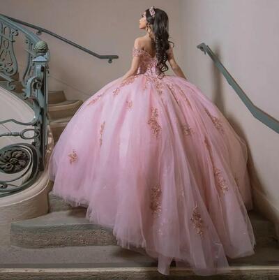 Sparkly Pink Ball Gown Sequined Appliques Lace Quinceanera Dresses 