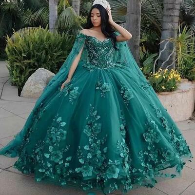 Vintage dark green tulle quinceanera dresses ball gown prom dresses