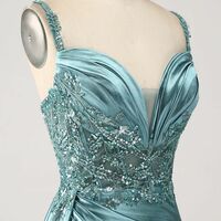 Luxury Mermaid V Neck Satin Slit Long Sequin Bead Tube Lace Sequin Ball Gown Party Dress Special Occasion Dress - Thumbnail 4