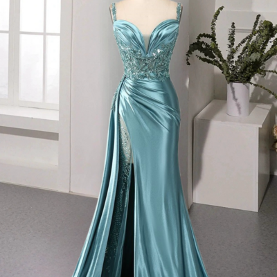 Luxury mermaid v neck satin slit long sequin bead tube lace sequin ball gown party dress special occasion dress