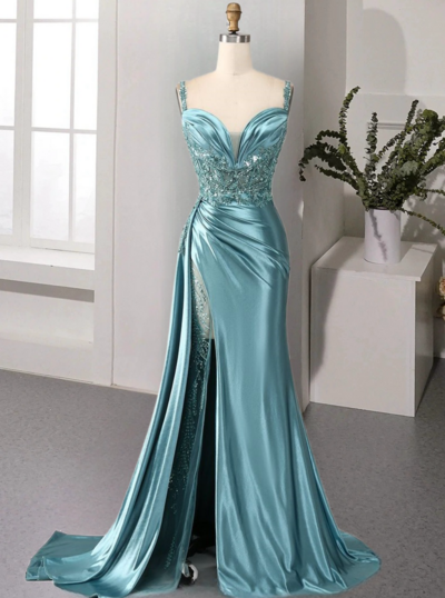 Luxury Mermaid V Neck Satin Slit Long Sequin Bead Tube Lace Sequin Ball Gown Party Dress Special Occasion Dress