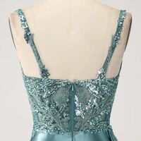 Luxury Mermaid V Neck Satin Slit Long Sequin Bead Tube Lace Sequin Ball Gown Party Dress Special Occasion Dress - Thumbnail 5