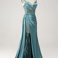 Luxury Mermaid V Neck Satin Slit Long Sequin Bead Tube Lace Sequin Ball Gown Party Dress Special Occasion Dress - Thumbnail 3