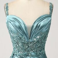 Luxury Mermaid V Neck Satin Slit Long Sequin Bead Tube Lace Sequin Ball Gown Party Dress Special Occasion Dress - Thumbnail 6