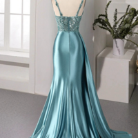 Luxury Mermaid V Neck Satin Slit Long Sequin Bead Tube Lace Sequin Ball Gown Party Dress Special Occasion Dress - Thumbnail 1