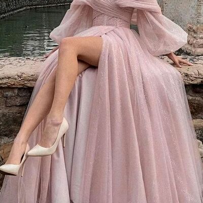 Off the shoulder sweetheart neckline a-line long sleeve prom gown party dress