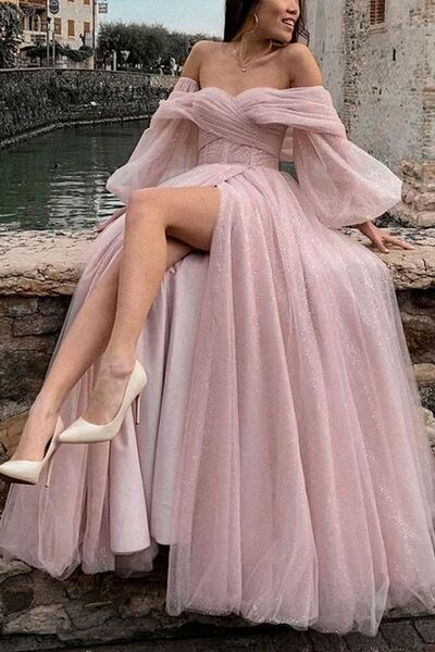 Off the Shoulder Sweetheart Neckline A-Line Long Sleeve Prom Gown Party Dress