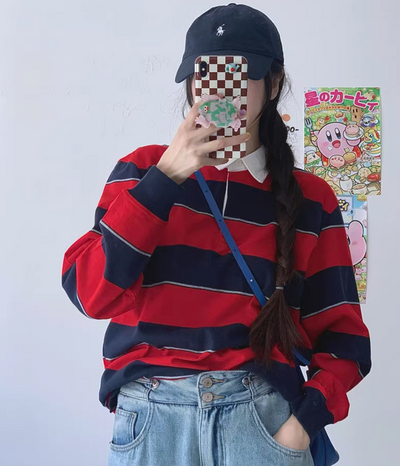 *Free Shipping*90s STRIPED POLO LONG SLEEVE SHIRT