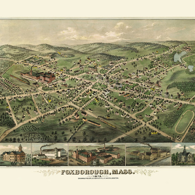 Foxborough, ma in 1879 - bird's eye view map, aerial map, panorama map, vintage map, antique map, reproduction, giclée, framable, fine art