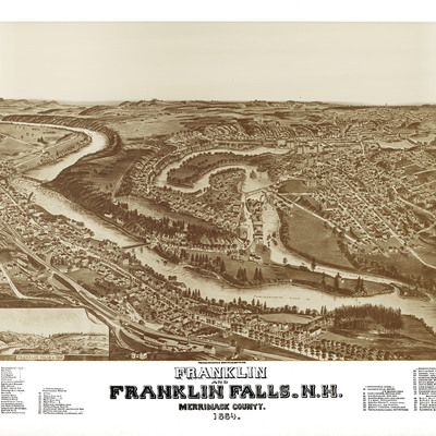 Franklin and franklin falls, nh in 1884 - bird's eye view map, aerial, panorama, vintage, antique, reproduction, giclée, framable, fine art,