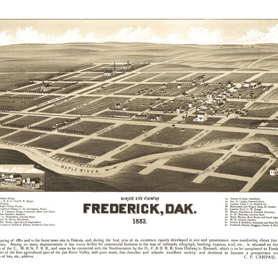 Frederick, south dakota in 1883 - bird's eye view, aerial panorama, vintage, antique map, reproduction, giclée, fine art, wall art, history