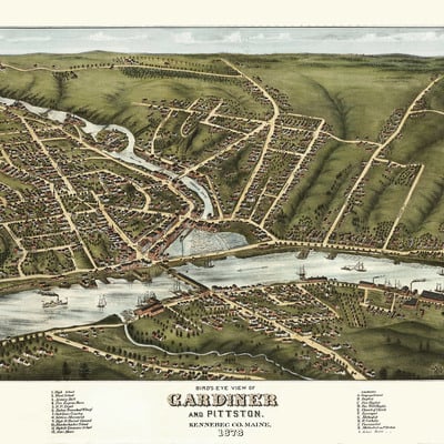 Gardiner and pittston, maine in 1878 - bird's eye view map, aerial, panorama, vintage, antique, reproduction, giclée, framable, fine art