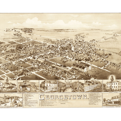 Georgetown, delaware in 1885 - bird's eye view, aerial, panorama, vintage, antique, reproduction, giclée, fine art, history, wall art