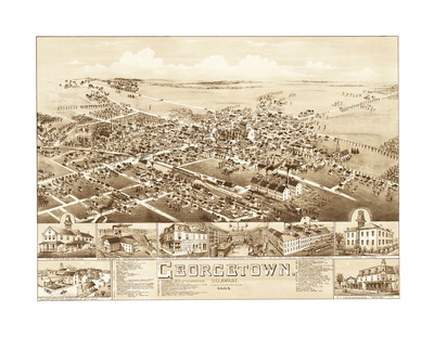 Georgetown, Delaware in 1885 - Bird's Eye View, Aerial, Panorama, Vintage, Antique, Reproduction, Giclée, Fine Art, History, Wall Art