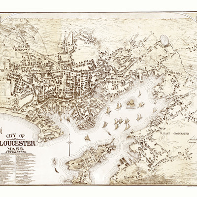 Gloucester, ma in 1873 - bird's eye view map, aerial, panorama, vintage, antique, reproduction, giclée, framable, fine art