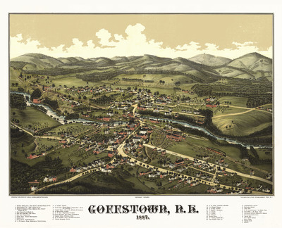 Goffstown, NH in 1887 - Bird's Eye View Map, Aerial, Panorama, Vintage, Antique, Reproduction, Giclée, Framable, Fine Art