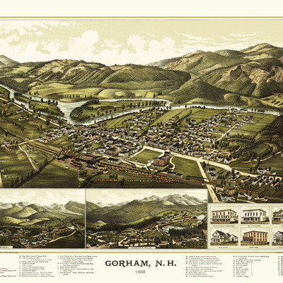 Gorham, nh in 1888 - bird's eye view map, aerial, panorama, vintage, antique, reproduction, giclée, framable, fine art