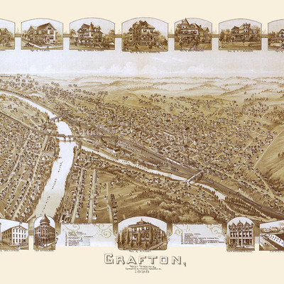 Grafton, west virginia in 1898- bird's eye view, aerial, panorama, vintage, antique map, reproduction, giclée, fine art, wall art