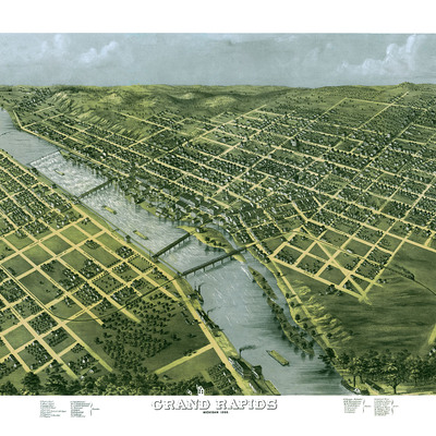 Grand rapids, michigan in 1868 - bird's eye view map, aerial, panorama, vintage, antique, reproduction, giclée, fine art, wall art, history