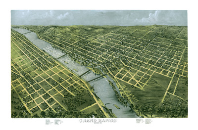 Grand Rapids, Michigan in 1868 - Bird's Eye View Map, Aerial, Panorama, Vintage, Antique, Reproduction, Giclée, Fine Art, Wall Art, History