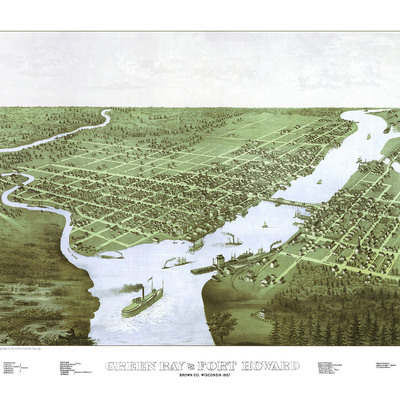 Green bay and fort howard, wisconsin in 1867 - bird's eye view map, aerial, panorama, vintage, antique, reproduction, fine art, wall art