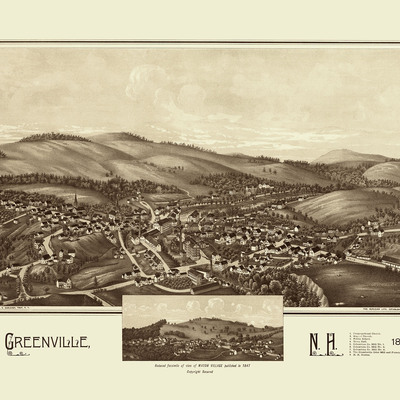 Greenville, nh in 1886 - bird's eye view map, aerial, panorama, vintage, antique, reproduction, giclée, framable, fine art