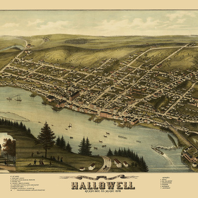 Hallowell, maine in 1878 - bird's eye view map, aerial, panorama, vintage, antique, reproduction, giclée, framable, fine art