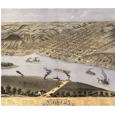 Hannibal, mo in 1869 - bird's eye view map, aerial map, panorama, vintage map, antique, reproduction, giclée, framable, fine art, history