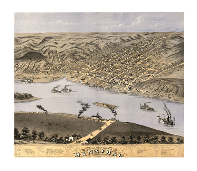 Hannibal, MO in 1869 - Bird's Eye View Map, Aerial Map, Panorama, Vintage Map, Antique, Reproduction, Giclée, Framable, Fine Art, History