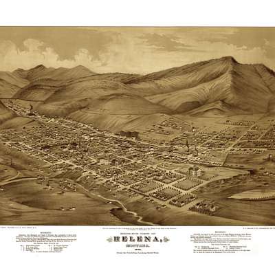 Helena, montana in 1875 - bird's eye view map, aerial, panorama, vintage, antique, reproduction, giclée, framable, fine art, wall map