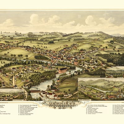 Henniker, nh in 1889 - bird's eye view map, aerial, panorama, vintage, antique, reproduction, giclée, framable, fine art