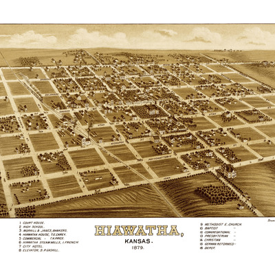 Hiawatha, ks in 1879 - bird's eye view map, aerial map, panorama, vintage map, antique map, reproduction, giclée, framable map, fine art