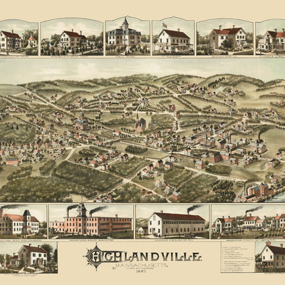 Highlandville, ma (village of needham) in 1887 - bird's eye view, aerial, panorama, vintage, antique, reproduction, giclée, framable, art