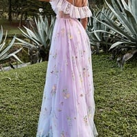 V Neck Spaghetti Straps Embroidered Slit Lavender A-Line Ball Gown - Thumbnail 1